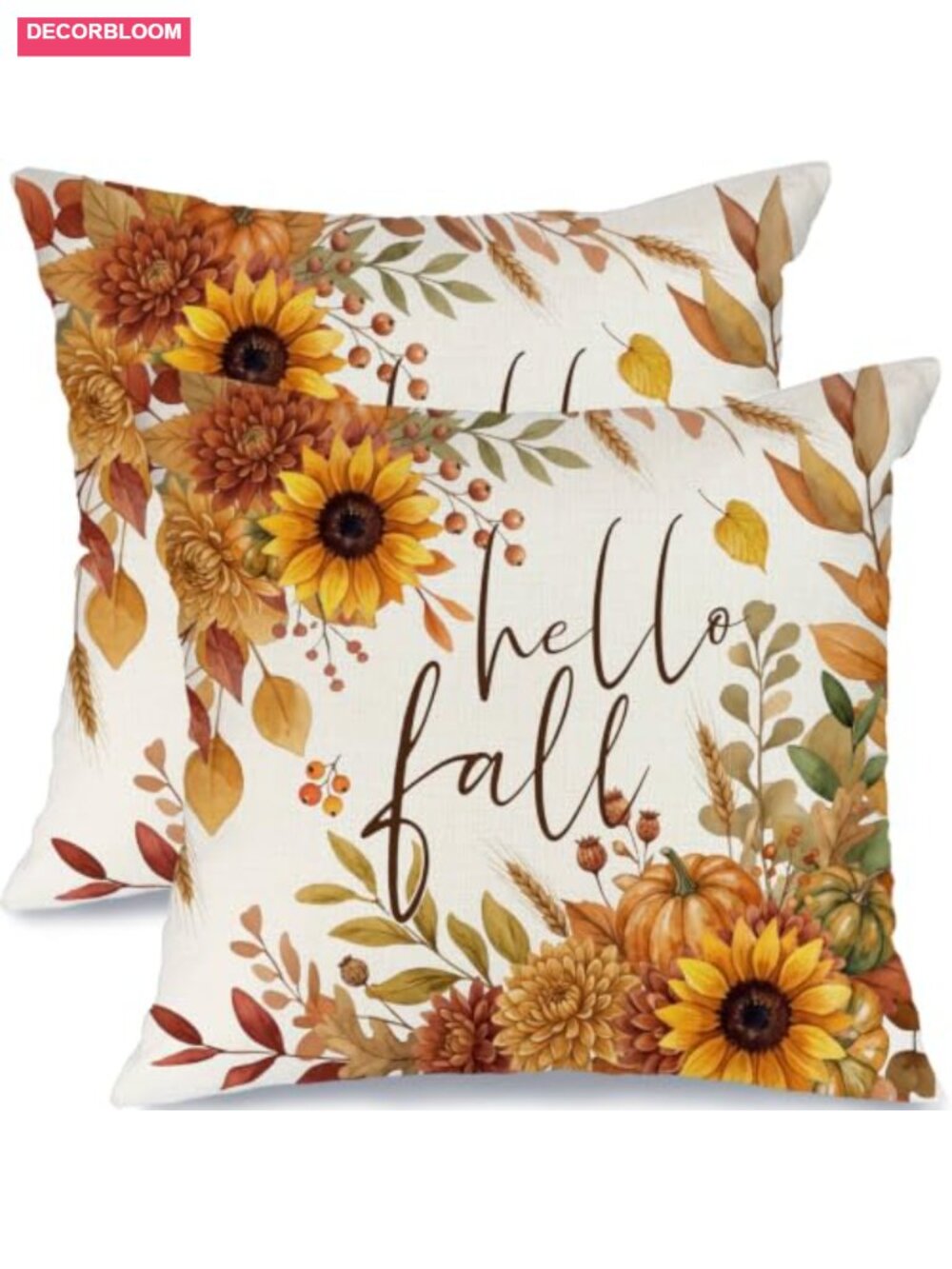 18x18 Set of 2 Fall Pumpkin Floral Pillow Covers with Invisible Zipper